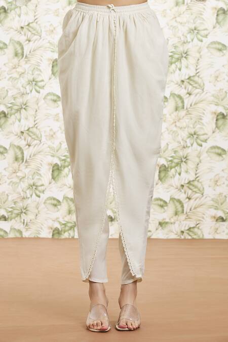Kaia_White Cotton, Organza Embroidery, Lace V-neck Kurta Dhoti Pant Set_at_Aza_Fashions
