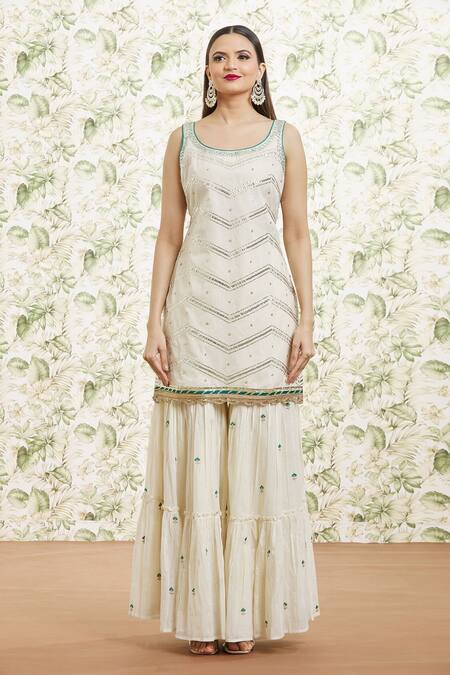 Kaia_White Cotton, Organza Sequins, Beads, Gota Patti Embroidered Kurta Gharara Set_Online_at_Aza_Fashions