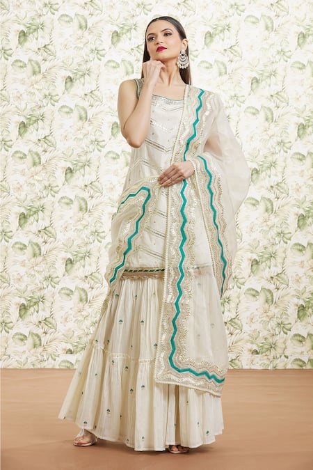 Kaia_White Cotton, Organza Sequins, Beads, Gota Patti Embroidered Kurta Gharara Set_at_Aza_Fashions