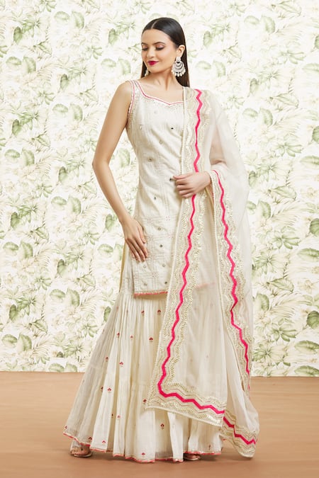 Kaia White Cotton Embroidered Resham Gota And Mirror Work Kurta Gharara Set  