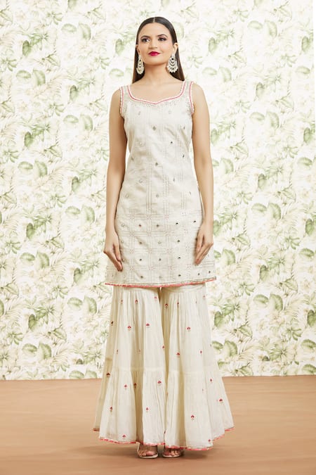 Kaia_White Cotton, Organza Gota Patti, Mirrors, Embroidery And Work Kurta Gharara Set_Online_at_Aza_Fashions