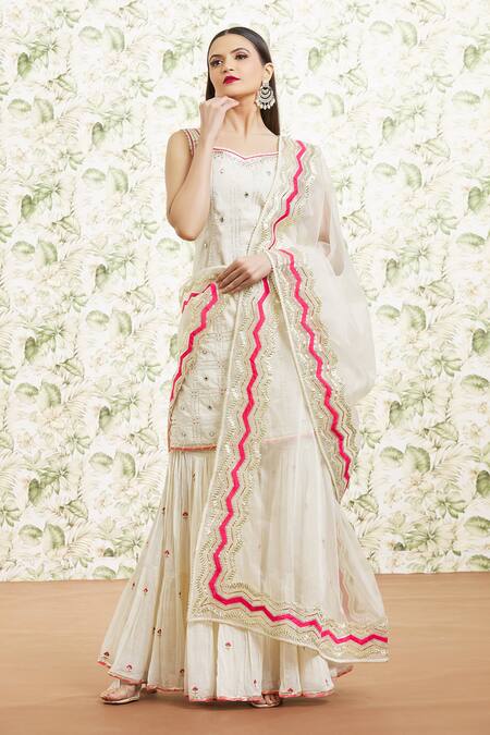 Buy_Kaia_White Cotton, Organza Gota Patti, Mirrors, Embroidery And Work Kurta Gharara Set_Online_at_Aza_Fashions