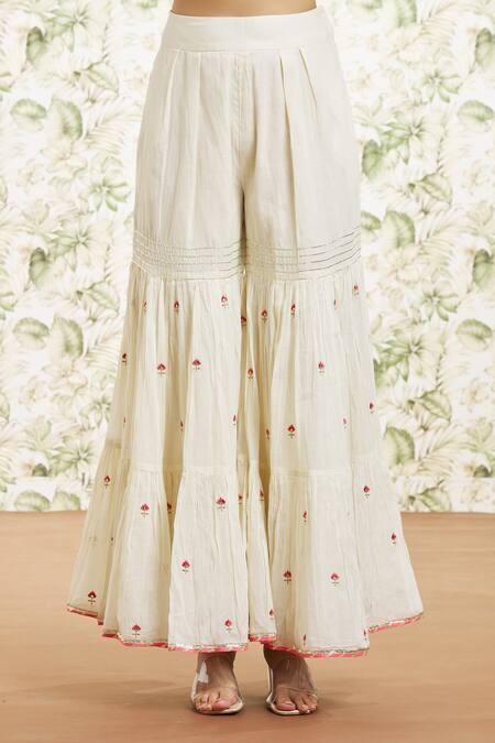 Kaia_White Cotton, Organza Gota Patti, Mirrors, Embroidery And Work Kurta Gharara Set_at_Aza_Fashions