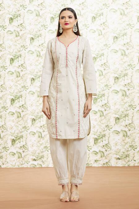 Kaia_White Cotton, Organza Embroidery, Sequins, Beads, Gota Kurta Farzi Pant Set_Online_at_Aza_Fashions