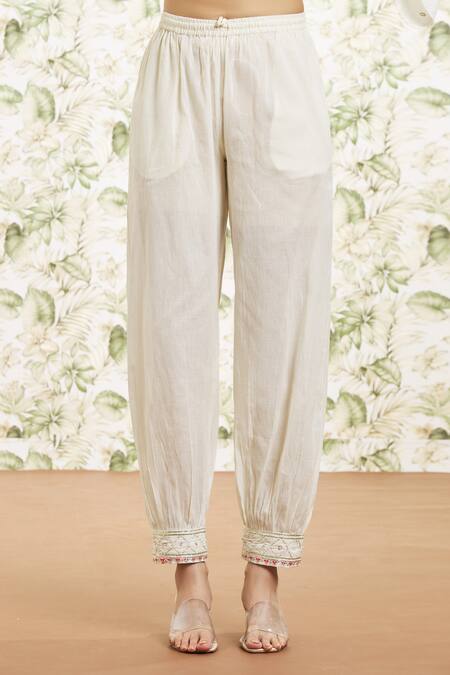 Shop_Kaia_White Cotton, Organza Embroidery, Sequins, Beads, Gota Kurta Farzi Pant Set_Online_at_Aza_Fashions