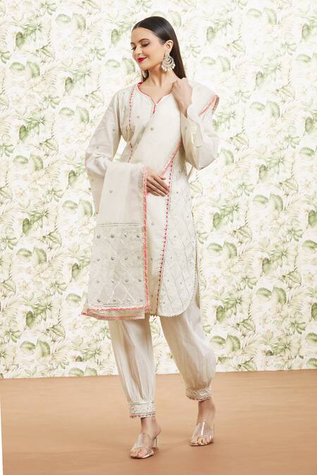 Kaia_White Cotton, Organza Embroidery, Sequins, Beads, Gota Kurta Farzi Pant Set_at_Aza_Fashions