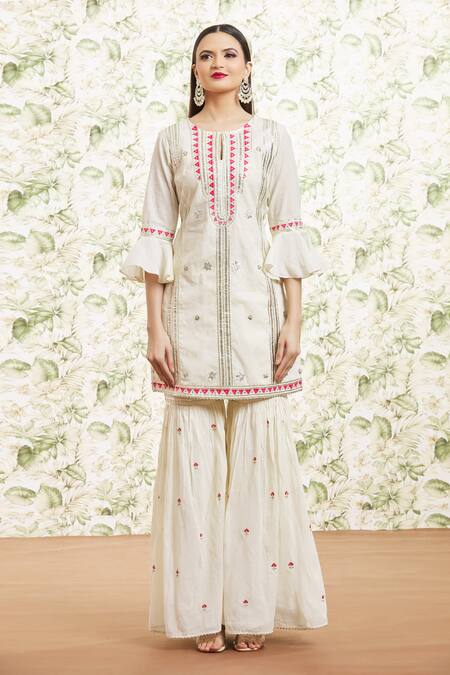 Kaia White Cotton, Organza Sequins, Gota Patti, Embroidery Keyhole Kurta Gharara Set Online at Aza Fashions Kaia_White Cotton, Organza Sequins, Gota Patti, Embroidery Keyhole Kurta Gharara Set_Online_at_Aza_Fashions