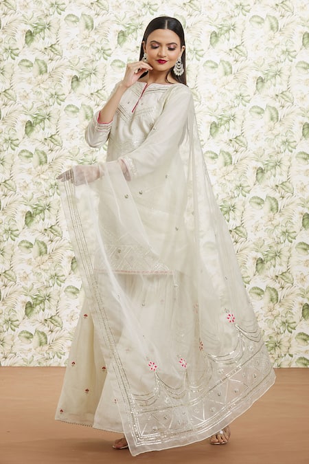 Kaia_White Cotton, Organza Sequins, Gota Patti, Mirrors, Work Kurta Gharara Set_Online_at_Aza_Fashions