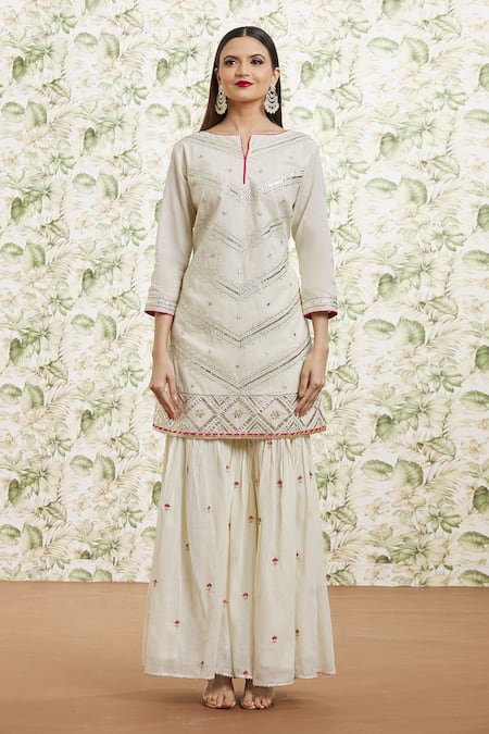 Buy_Kaia_White Cotton, Organza Sequins, Gota Patti, Mirrors, Work Kurta Gharara Set_Online_at_Aza_Fashions