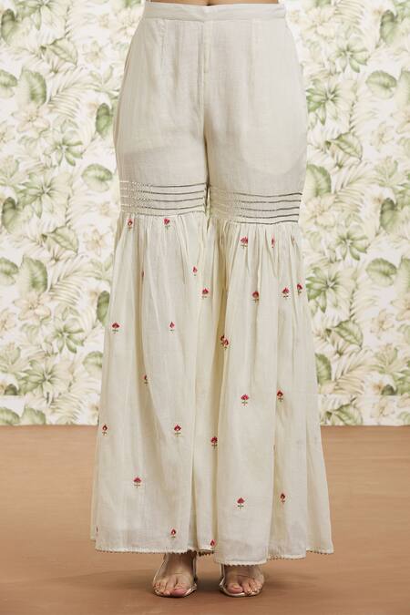 Shop_Kaia_White Cotton, Organza Sequins, Gota Patti, Mirrors, Work Kurta Gharara Set_Online_at_Aza_Fashions