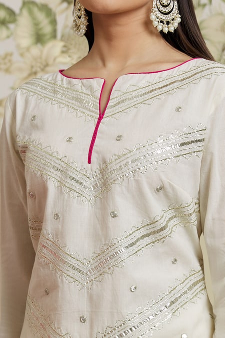 Kaia_White Cotton, Organza Sequins, Gota Patti, Mirrors, Work Kurta Gharara Set_at_Aza_Fashions