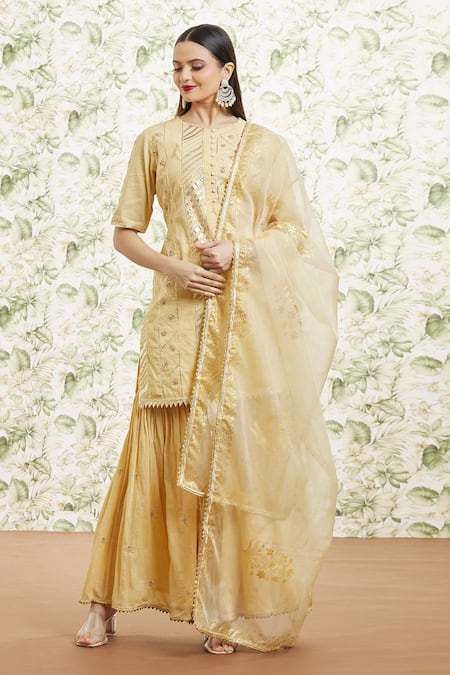 Kaia Gold Cotton Embroidered And Printed Resham Round Neck Gota Gharara Set 