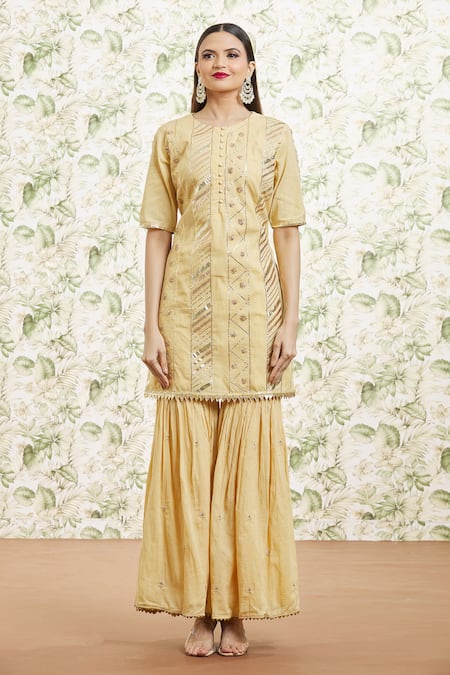 Kaia_Gold Cotton, Organza Gota Patti, Embroidery Round Neck Gharara Set_Online_at_Aza_Fashions