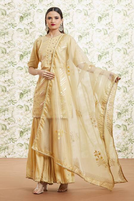 Buy_Kaia_Gold Cotton, Organza Gota Patti, Embroidery Round Neck Gharara Set_Online_at_Aza_Fashions