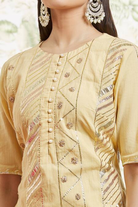 Shop_Kaia_Gold Cotton, Organza Gota Patti, Embroidery Round Neck Gharara Set_Online_at_Aza_Fashions