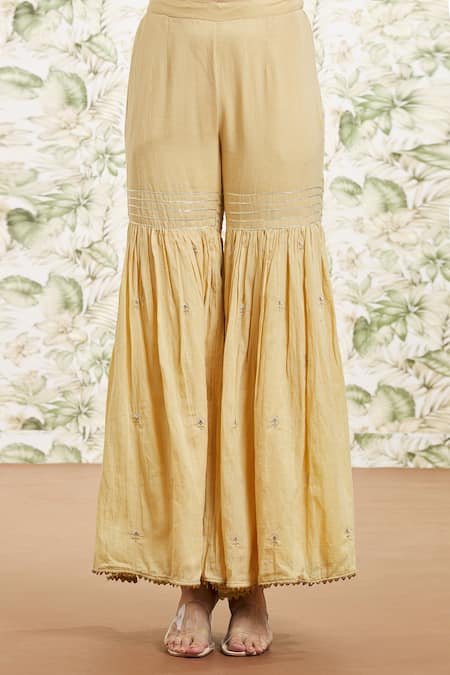 Kaia_Gold Cotton, Organza Gota Patti, Embroidery Round Neck Gharara Set_at_Aza_Fashions