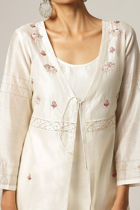 Shop_Anantaa By Roohi_Off White Silk, Chanderi Embroidery Round Neck Resham Motif Jacket Pant Set _Online_at_Aza_Fashions