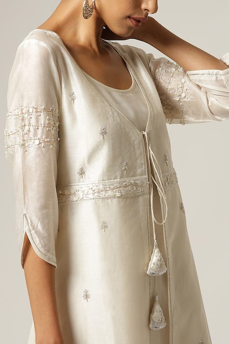 Shop_Anantaa By Roohi_Off White Silk, Chanderi Embroidery, Diamonds Floral Dabka Work Jacket Pant Set _Online_at_Aza_Fashions