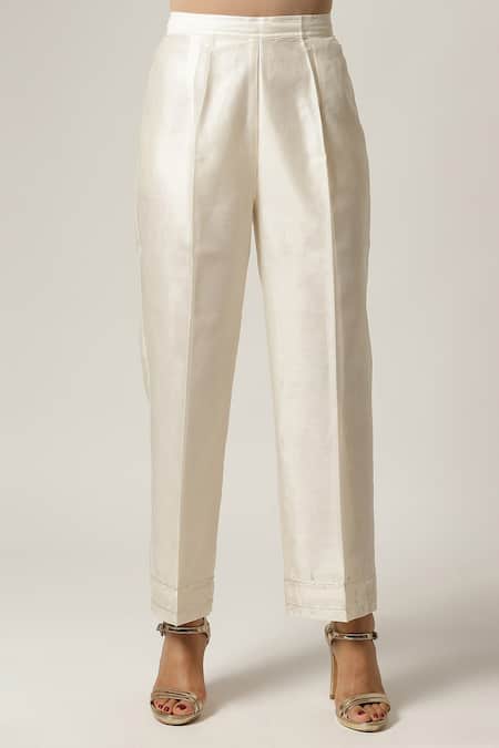 Buy_Anantaa By Roohi_Off White Silk, Chanderi Embroidery, Diamonds Floral Dabka Work Jacket Pant Set 