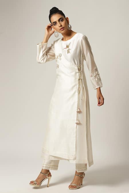 Anantaa By Roohi_Off White Silk, Chanderi Embroidery Placement Floral Angrakha Kurta With Pant _Online_at_Aza_Fashions