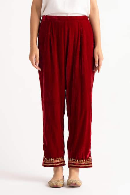 Anantaa By Roohi_Red Velvet Embroidery, Sequins Round Neck Placement Hand Kurta With Pant _Online_at_Aza_Fashions