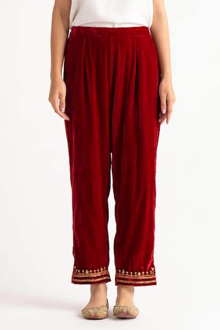 Anantaa By Roohi Red Velvet Sequins, Embroidery Round Neck Hand Kurta With Pant Online at Aza Fashions Anantaa By Roohi_Red Velvet Sequins, Embroidery Round Neck Hand Kurta With Pant _Online_at_Aza_Fashions