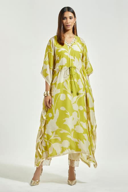 Anantaa by Roohi Green Bemberg Modal Print Flower V Neck Kaftan With Pant 