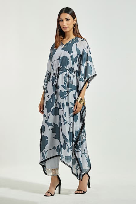Anantaa By Roohi_Grey Sequins V-neck Flower Vine Print Kaftan With Pant _Online_at_Aza_Fashions