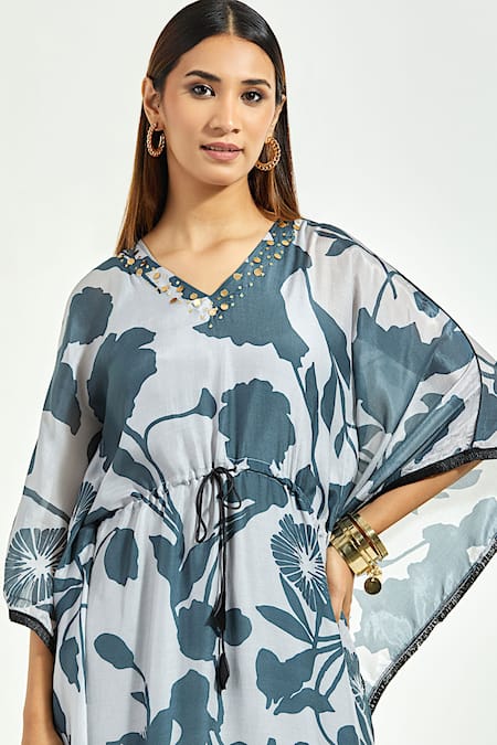 Shop_Anantaa By Roohi_Grey Sequins V-neck Flower Vine Print Kaftan With Pant _Online_at_Aza_Fashions