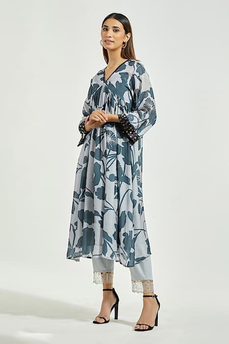 Anantaa By Roohi Grey Modal Sequins V-neck A-line Flower Bloom Print Kurta With Pant Online at Aza Fashions Anantaa By Roohi_Grey Modal Sequins V-neck A-line Flower Bloom Print Kurta With Pant _Online_at_Aza_Fashions