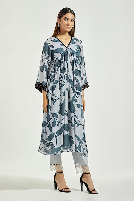 Buy Anantaa By Roohi Grey Modal Sequins V-neck A-line Flower Bloom Print Kurta With Pant Online at Aza Fashions Buy_Anantaa By Roohi_Grey Modal Sequins V-neck A-line Flower Bloom Print Kurta With Pant _Online_at_Aza_Fashions