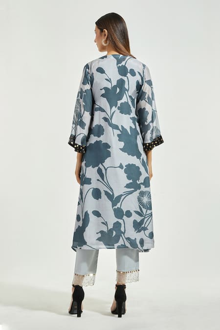 Shop Anantaa By Roohi Grey Modal Sequins V-neck A-line Flower Bloom Print Kurta With Pant at Aza Fashions Shop_Anantaa By Roohi_Grey Modal Sequins V-neck A-line Flower Bloom Print Kurta With Pant _at_Aza_Fashions