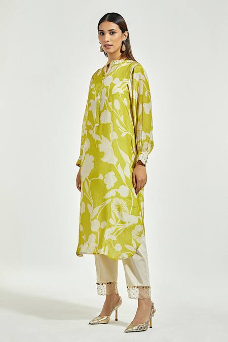 Anantaa By Roohi Green Bamboo, Modal Sequins Round Neck Blooming Flower Print Kurta With Pant Online at Aza Fashions Anantaa By Roohi_Green Bamboo, Modal Sequins Round Neck Blooming Flower Print Kurta With Pant_Online_at_Aza_Fashions