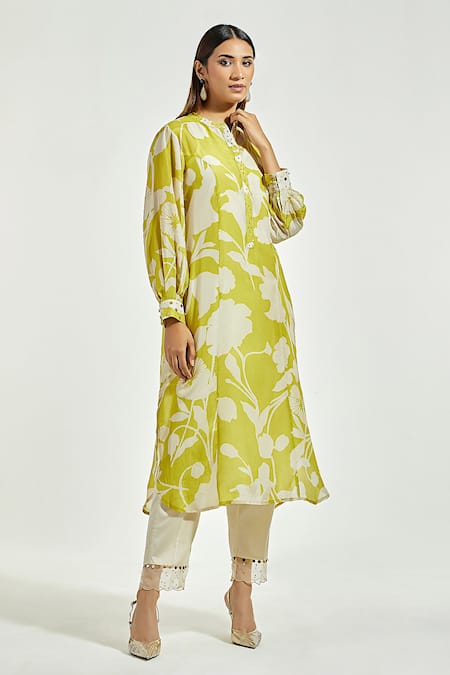 Buy Anantaa By Roohi Green Bamboo, Modal Sequins Round Neck Blooming Flower Print Kurta With Pant Online at Aza Fashions Buy_Anantaa By Roohi_Green Bamboo, Modal Sequins Round Neck Blooming Flower Print Kurta With Pant_Online_at_Aza_Fashions