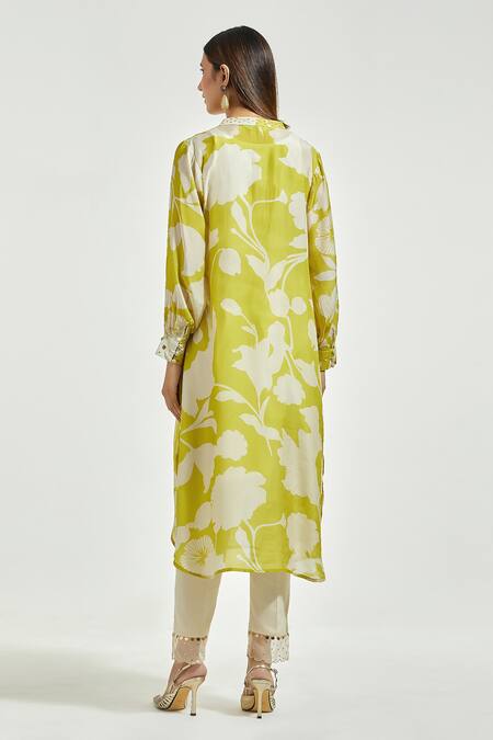 Shop Anantaa By Roohi Green Bamboo, Modal Sequins Round Neck Blooming Flower Print Kurta With Pant at Aza Fashions Shop_Anantaa By Roohi_Green Bamboo, Modal Sequins Round Neck Blooming Flower Print Kurta With Pant_at_Aza_Fashions