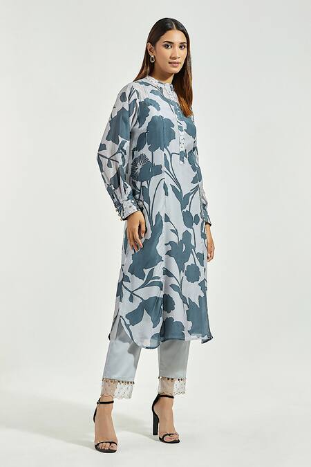 Buy Anantaa By Roohi Grey Bamboo Sequins, Embroidery Round Neck Contrast Floral Print Kurta With Pant Online at Aza Fashions Buy_Anantaa By Roohi_Grey Bamboo Sequins, Embroidery Round Neck Contrast Floral Print Kurta With Pant _Online_at_Aza_Fashions
