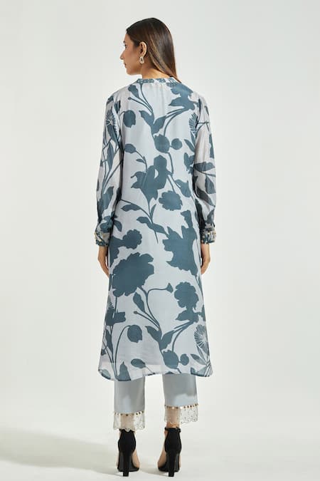 Shop Anantaa By Roohi Grey Bamboo Sequins, Embroidery Round Neck Contrast Floral Print Kurta With Pant at Aza Fashions Shop_Anantaa By Roohi_Grey Bamboo Sequins, Embroidery Round Neck Contrast Floral Print Kurta With Pant _at_Aza_Fashions