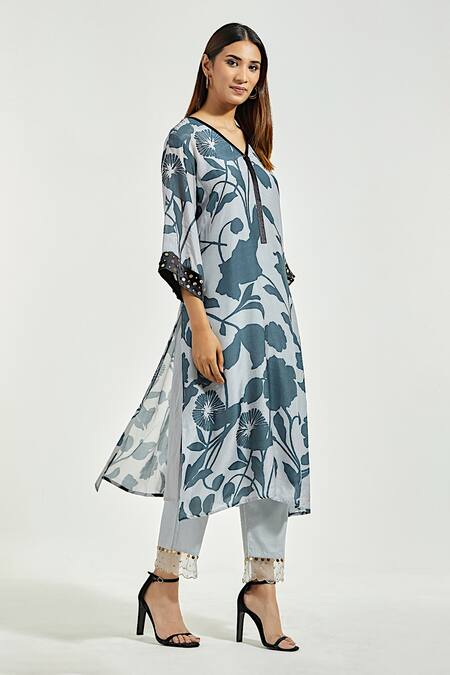 Buy Anantaa By Roohi Grey Modal Sequins V-neck A-line Blooming Floral Print Kurta With Pant Online at Aza Fashions Buy_Anantaa By Roohi_Grey Modal Sequins V-neck A-line Blooming Floral Print Kurta With Pant _Online_at_Aza_Fashions