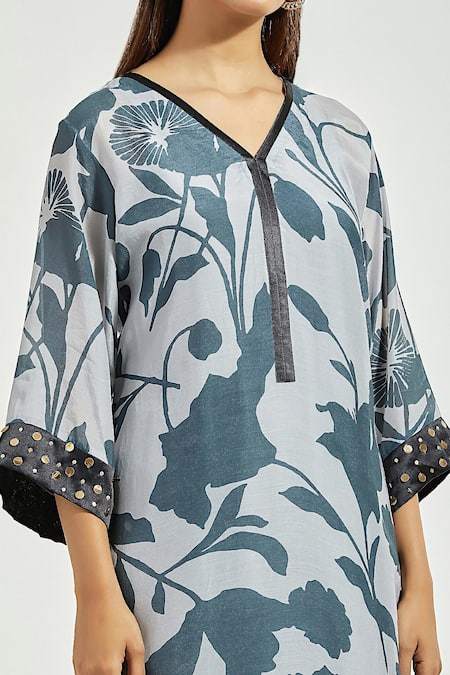 Shop Anantaa By Roohi Grey Modal Sequins V-neck A-line Blooming Floral Print Kurta With Pant Online at Aza Fashions Shop_Anantaa By Roohi_Grey Modal Sequins V-neck A-line Blooming Floral Print Kurta With Pant _Online_at_Aza_Fashions