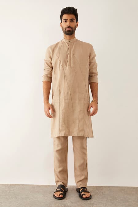 Son Of A Noble Snob_Beige 100% Linen Cord Textured Stela Kurta_Online_at_Aza_Fashions