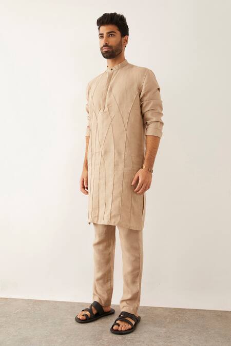 Buy_Son Of A Noble Snob_Beige 100% Linen Cord Textured Stela Kurta_Online_at_Aza_Fashions