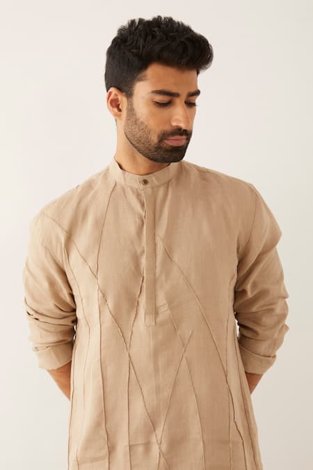 Shop_Son Of A Noble Snob_Beige 100% Linen Cord Textured Stela Kurta_Online_at_Aza_Fashions