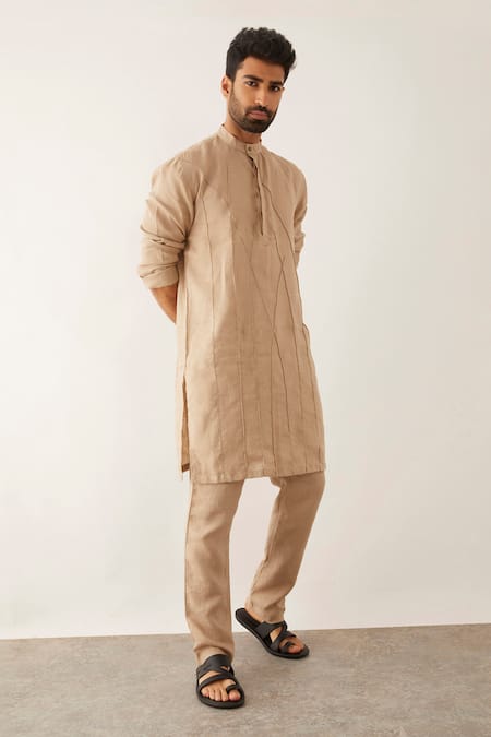 Son Of A Noble Snob_Beige 100% Linen Cord Textured Stela Kurta_at_Aza_Fashions