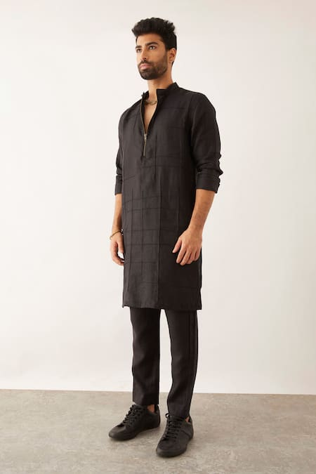 Buy_Son Of A Noble Snob_Black 100% Linen Cord Textured Issa Kurta_Online_at_Aza_Fashions