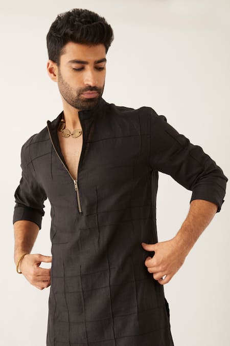 Shop_Son Of A Noble Snob_Black 100% Linen Cord Textured Issa Kurta_Online_at_Aza_Fashions