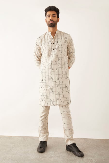 Son of A Noble Snob Ivory 100% Linen Printed Floral Halles Grid And Kurta  