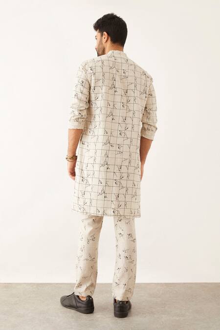 Shop Son Of A Noble Snob Ivory 100% Linen Printed Floral Halles Grid And Kurta at Aza Fashions Shop_Son Of A Noble Snob_Ivory 100% Linen Printed Floral Halles Grid And Kurta_at_Aza_Fashions