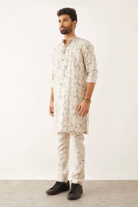 Son Of A Noble Snob Ivory 100% Linen Printed Floral Halles Grid And Kurta Online at Aza Fashions Son Of A Noble Snob_Ivory 100% Linen Printed Floral Halles Grid And Kurta_Online_at_Aza_Fashions
