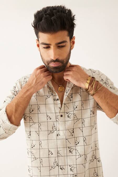 Shop Son Of A Noble Snob Ivory 100% Linen Printed Floral Halles Grid And Kurta Online at Aza Fashions Shop_Son Of A Noble Snob_Ivory 100% Linen Printed Floral Halles Grid And Kurta_Online_at_Aza_Fashions