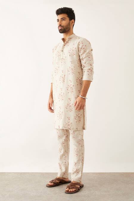 Son Of A Noble Snob_Ivory Linen Halles Catchfly Printed Kurta_Online_at_Aza_Fashions